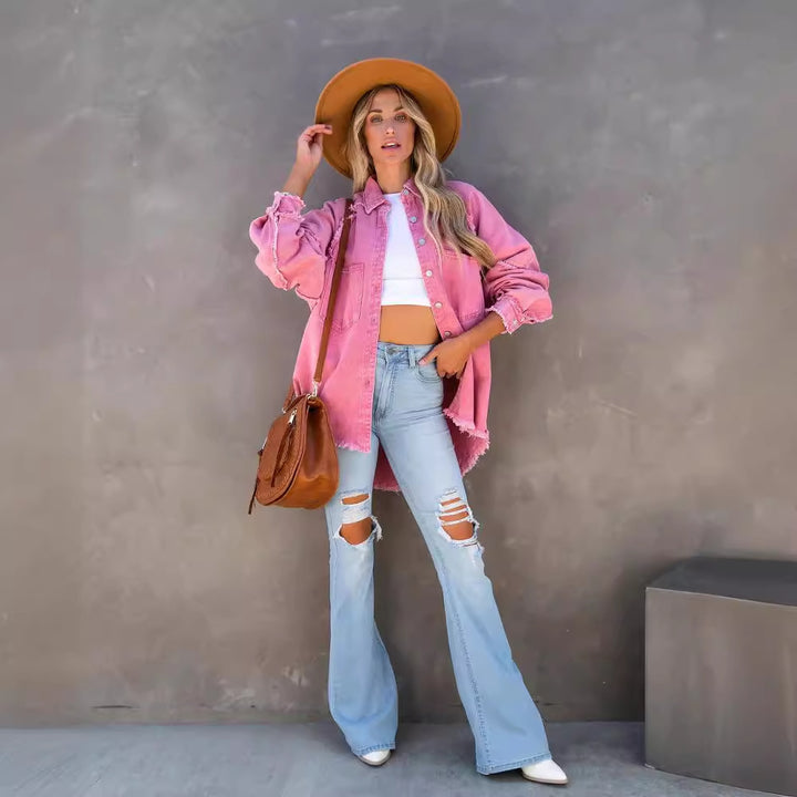 Damen übergroße Denim-Hemdenjacke mit fransigen Details Drune