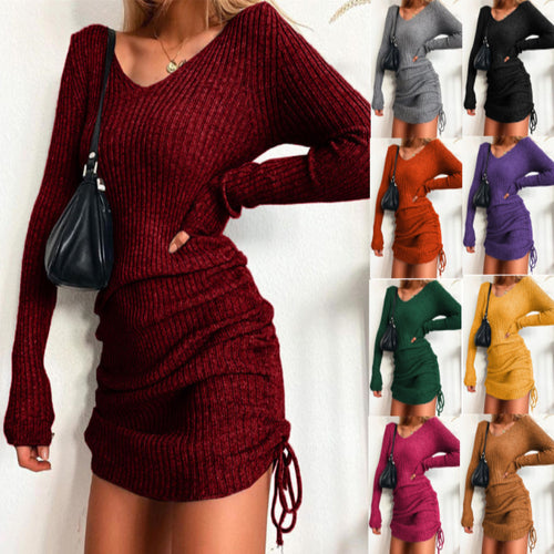 Damen Strick Mini-Kleid mit Raffung und V-Ausschnitt Drune