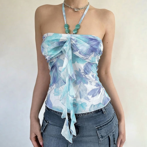 Damen Neckholder-Bluse mit floralem Design und raffiniertem Lockenabschluss Drune