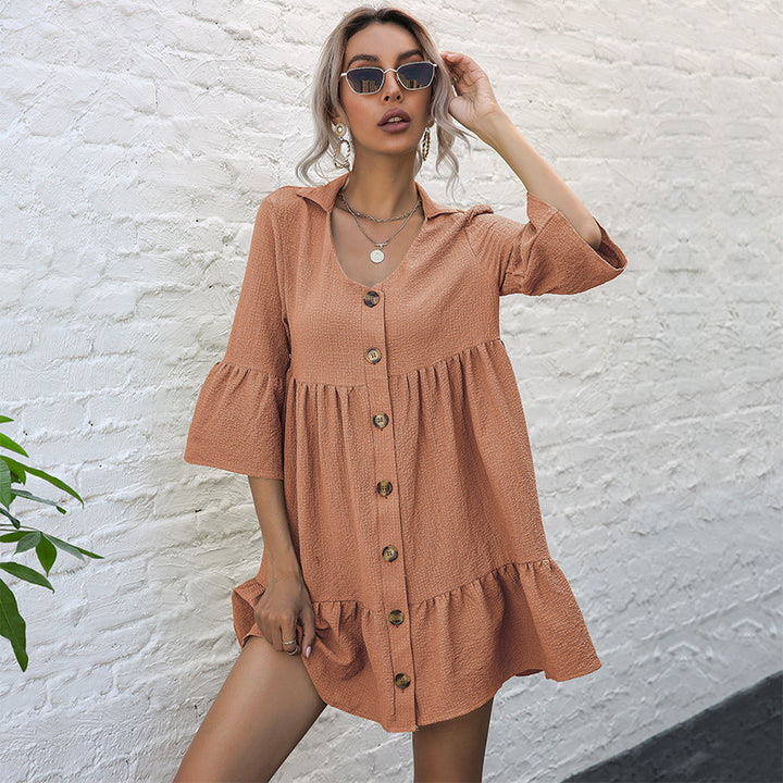 Damen lässiges Sommerkleid mit Raffungen und Knopfdetails Drune