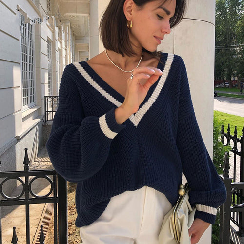 Damen trendiger V-Ausschnitt Pullover mit Puffärmeln und strukturiertem Gewebe Drune
