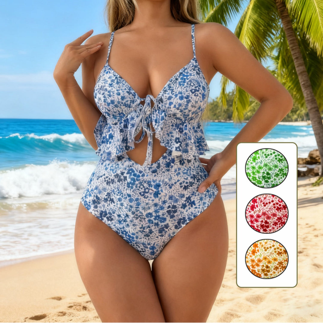 Damen Eleganter zweifarbiger Badeanzug mit Rüschendetail Drune