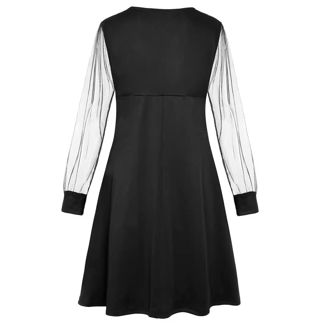 Damen nan elegant tailliertes A-Linien-Kleid mit transparenten Mesh-Ärmeln Drune