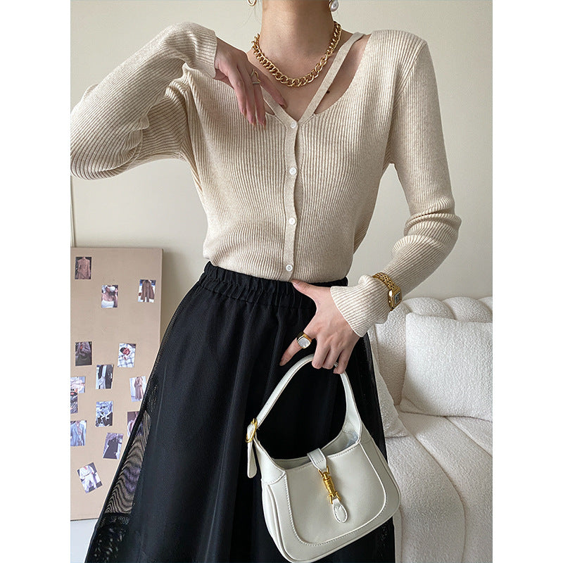 Damen modische Strickjacke mit tiefem V-Ausschnitt Drune