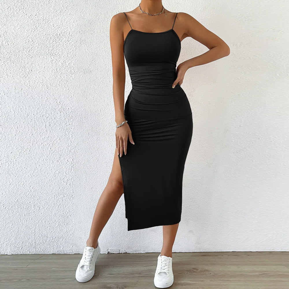 Damen Maxikleid mit schmalen Spaghettiträgern und seitlichem Schlitz Drune