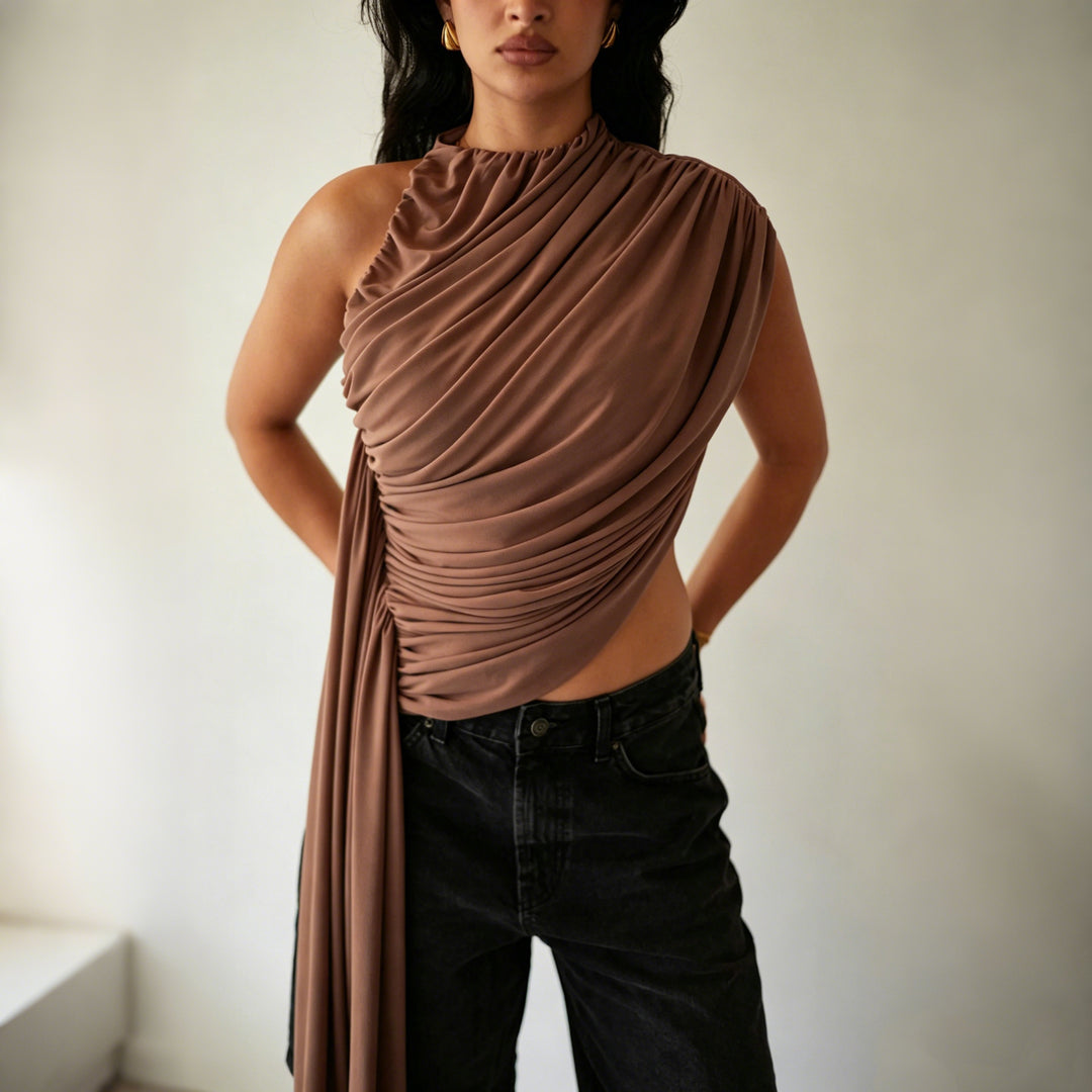 Damen Elegantes asymmetrisches Top mit Drapierungen Drune