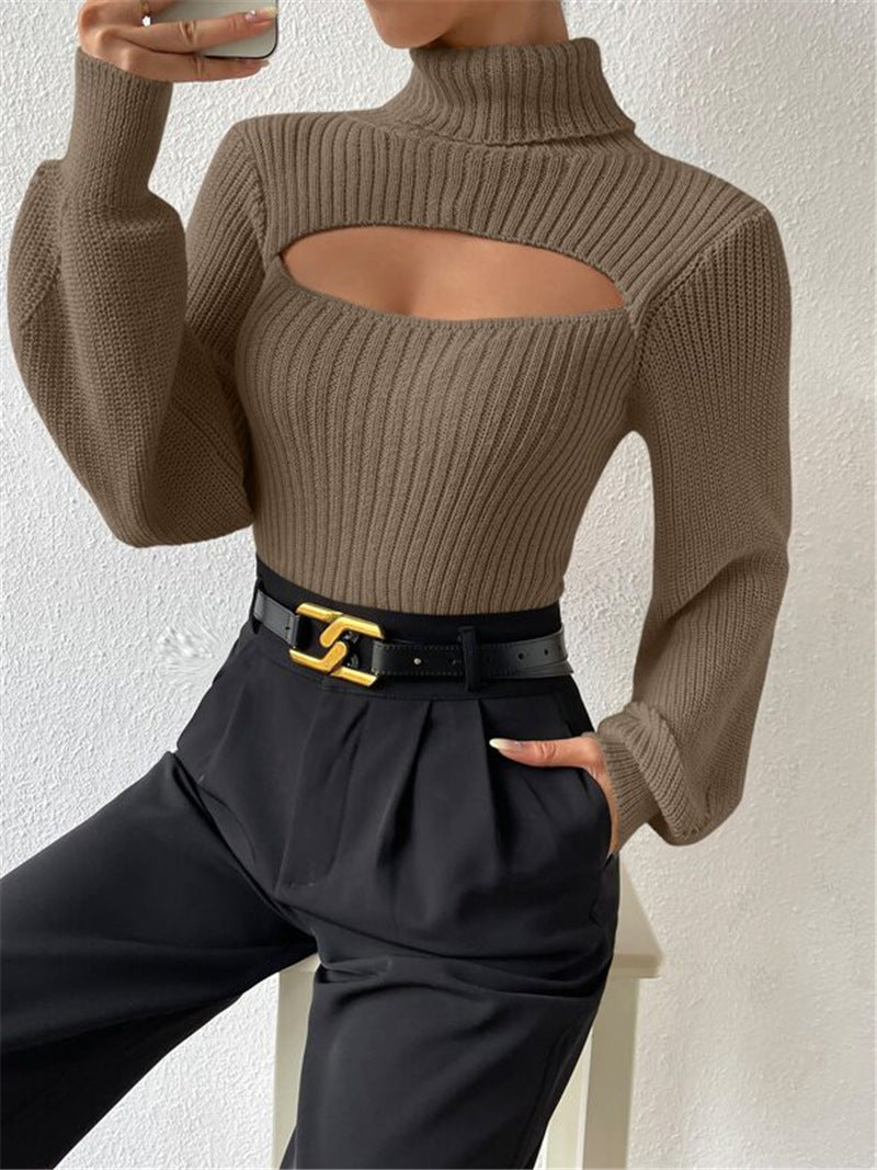 Damen Strickpullover mit Trendigem Cut-Out und Hohem Kragen Drune