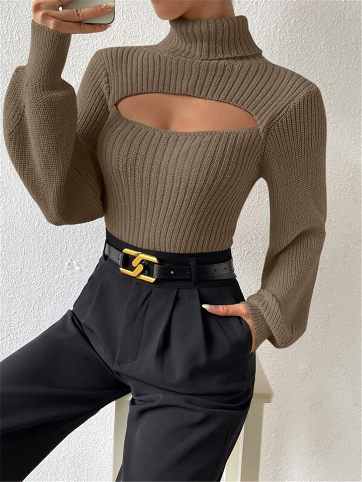 Damen Strickpullover mit Trendigem Cut-Out und Hohem Kragen Drune