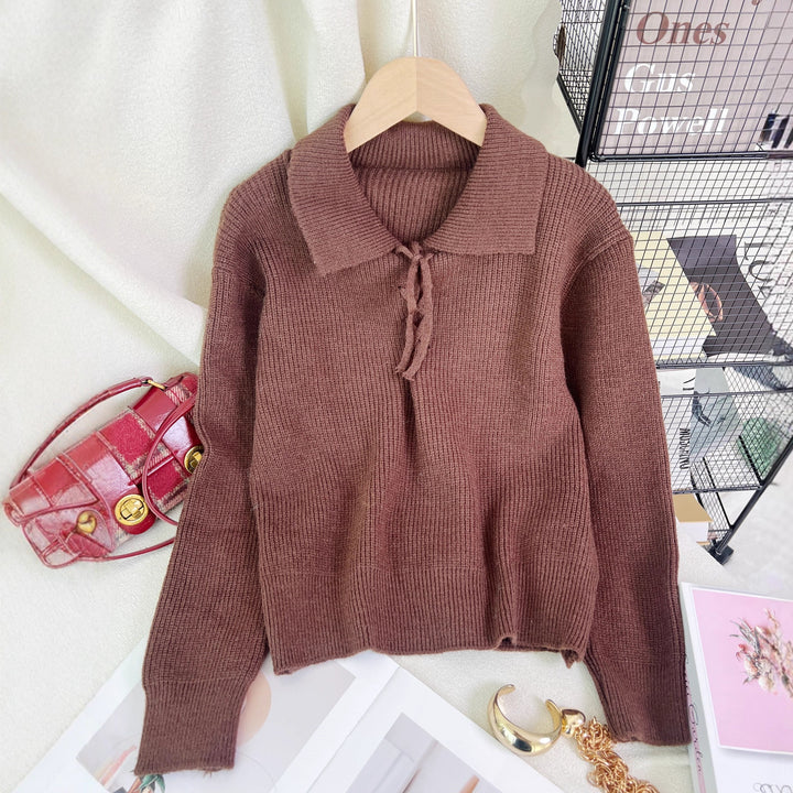Damen lässiger Pullover mit Polokragen und Kordelzug Drune