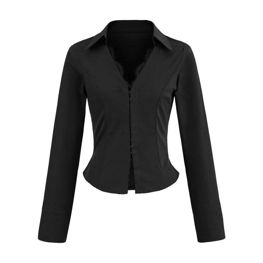 Damen figurbetonte Blazerjacke mit Spitzenbesatz Drune