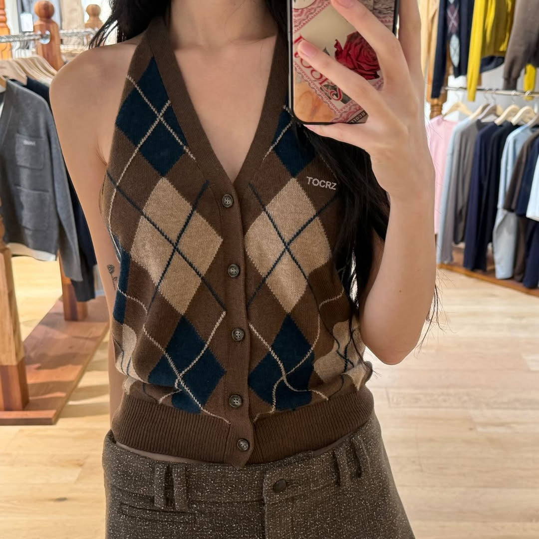Damen ärmelloser Strickpullover im klassischen Karomuster Drune