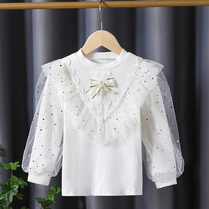 Mädchen Langarmshirt mit dekorativen Tüllärmeln und Spitzenapplikationen Drune