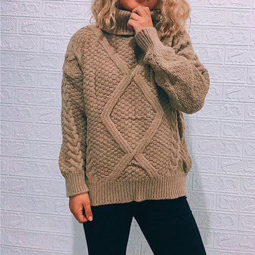 Damen Grobstrickpullover mit modischem Zopfmuster und hohem Kragen Drune