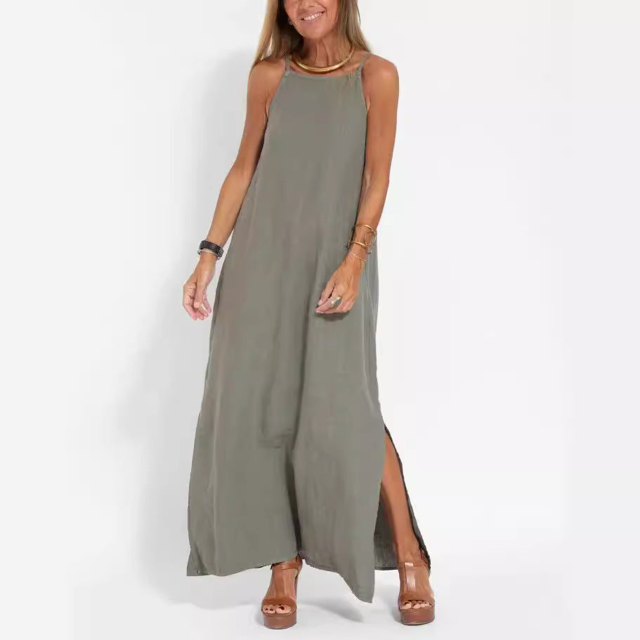 DamenMaxikleid aus leichtem Leinenstoff mit verstellbaren Spaghettiträgern Drune