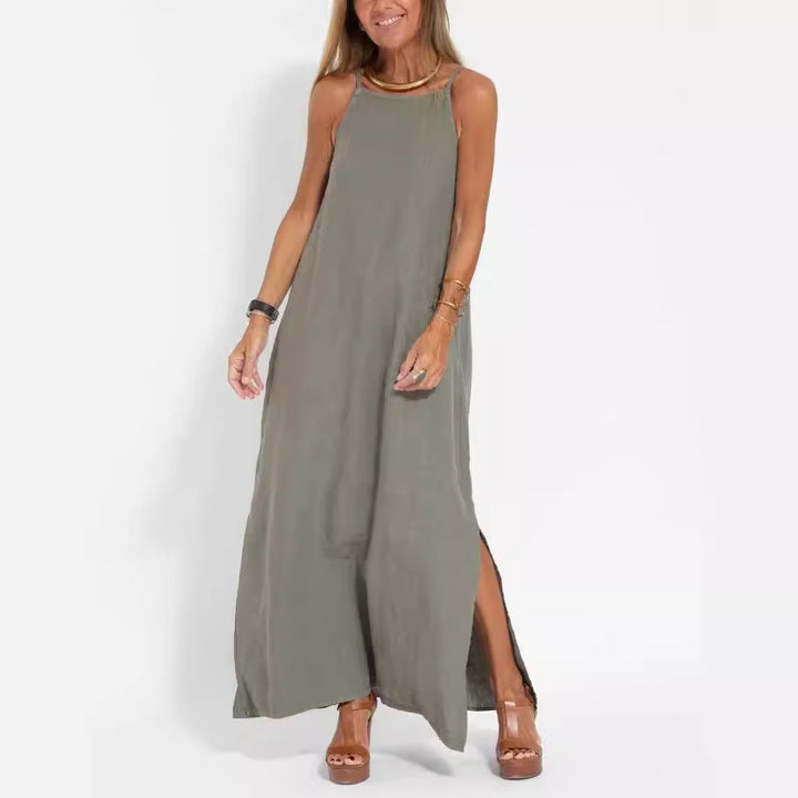 DamenMaxikleid aus leichtem Leinenstoff mit verstellbaren Spaghettiträgern Drune