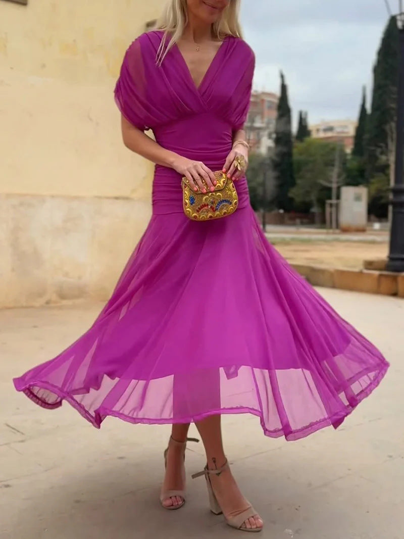 Damen nan fließendes Abendkleid mit transparentem Chiffon-Capelet, V-Ausschnitt und taillierter Drapierung Drune