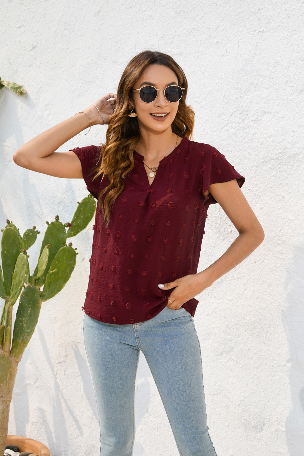 Damen Leichtes Kurzarmblusenshirt mit strukturiertem Material und eleganten Details Drune