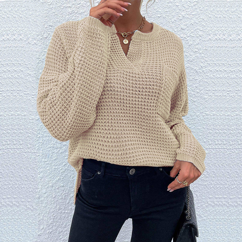 Damen lässiger Strickpullover mit V-Ausschnitt und strukturierter Oberfläche Drune