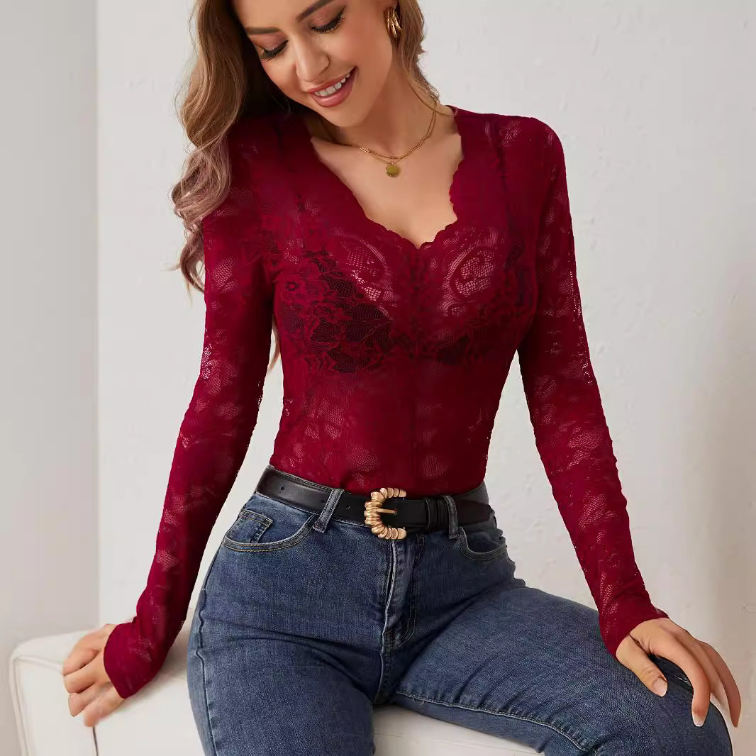 Damen Elegante Spitzenbluse mit V-Ausschnitt und langen Ärmeln Drune