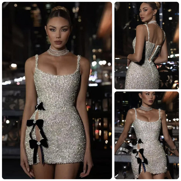 Damen Glamouröses Pailletten-Minikleid mit süßen Schleifen und figurbetontem Design Drune