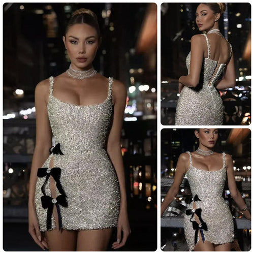 Damen Glamouröses Pailletten-Minikleid mit süßen Schleifen und figurbetontem Design Drune