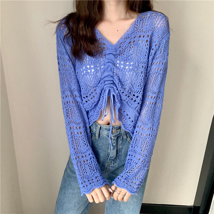 Damen luftiger Strickpullover mit Drop-Shoulder-Design und Kordelzug Drune