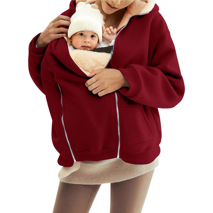 Damen nan Babytrage-Hoodie mit Teddyfutter und Zweiwege-Reißverschluss Drune