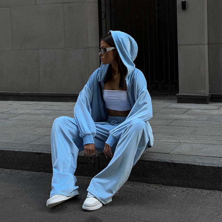 Damen nan luxuriöses Velours-Zweiteiler Set mit kurzem Reißverschluss-Hoodie und weiten Highwaist-Loungehosen Drune