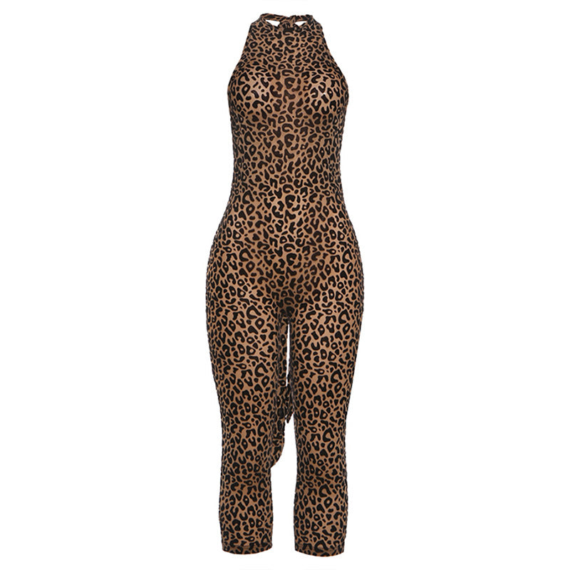 Damen Figurbetonter Jumpsuit mit Leopardenmuster und hochgeschlossenem Ausschnitt Drune