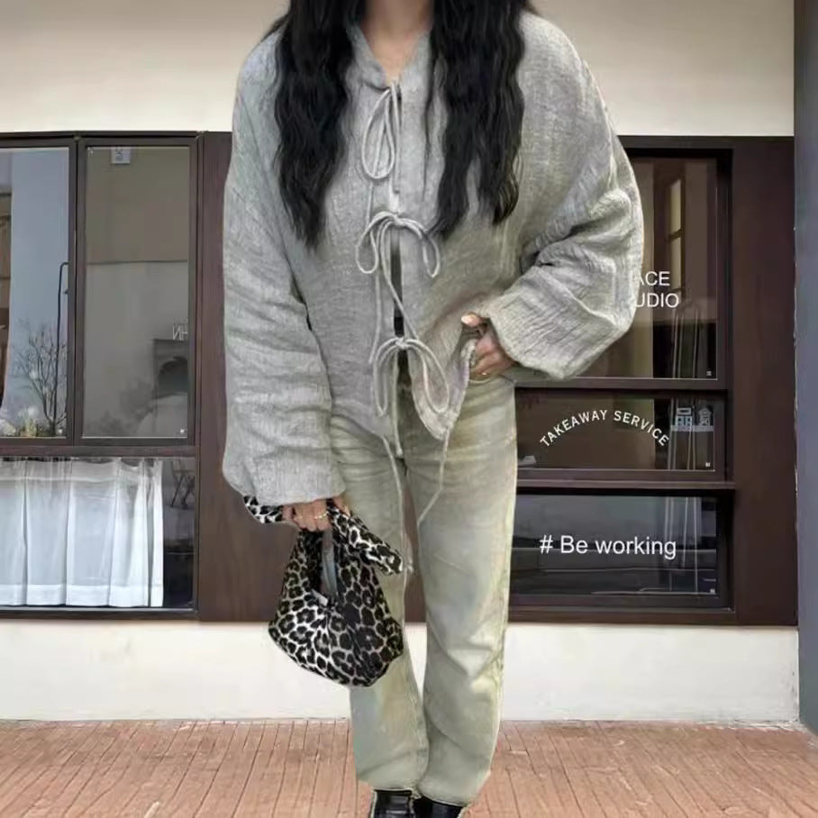Damen leicht gefütterte Knitjacke mit Kordelzug und weiten Ärmeln Drune