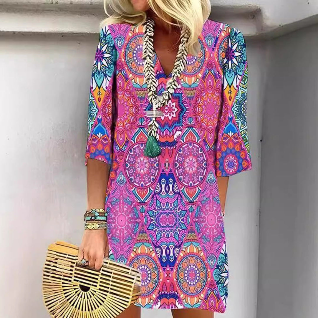 Damen nan kurzes Boho Strandkleid im Mandala-Print mit V-Ausschnitt, dreiviertel-Ärmeln und legerer A-Linie Drune