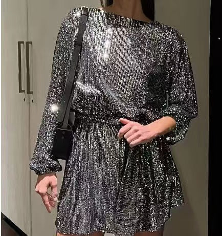 Damen Glitzerndes Minikleid mit langen Ärmeln und schimmerndem Oberstoff Drune