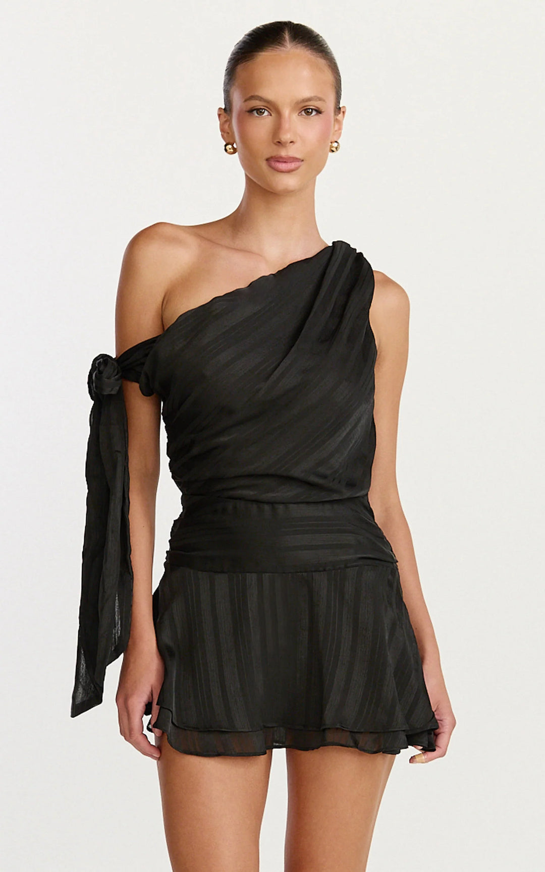 Damen asymmetrisches Mini-Kleid mit eleganter Drapierung und seitlichem Bindeband Drune