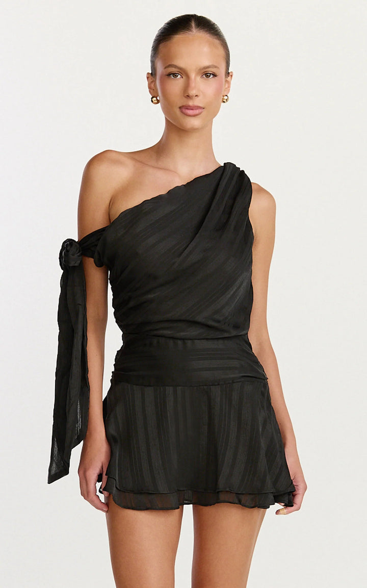 Damen asymmetrisches Mini-Kleid mit eleganter Drapierung und seitlichem Bindeband Drune