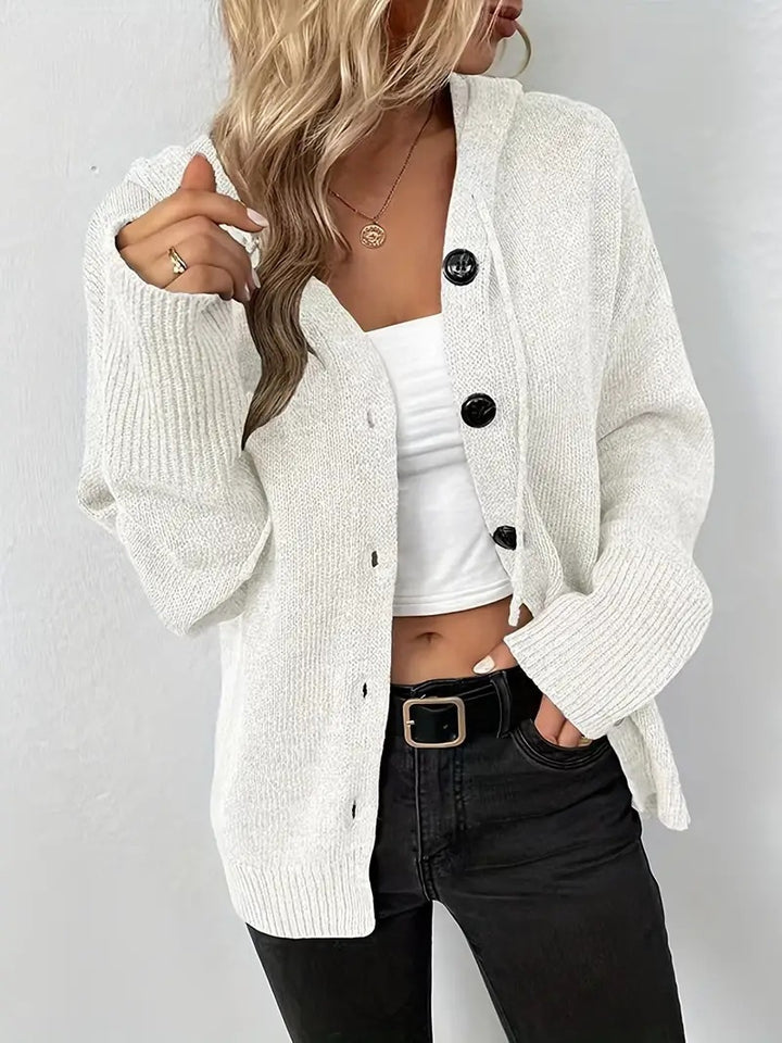 Damen gemütliche Strickjacke mit Kapuze und großen Knöpfen Drune
