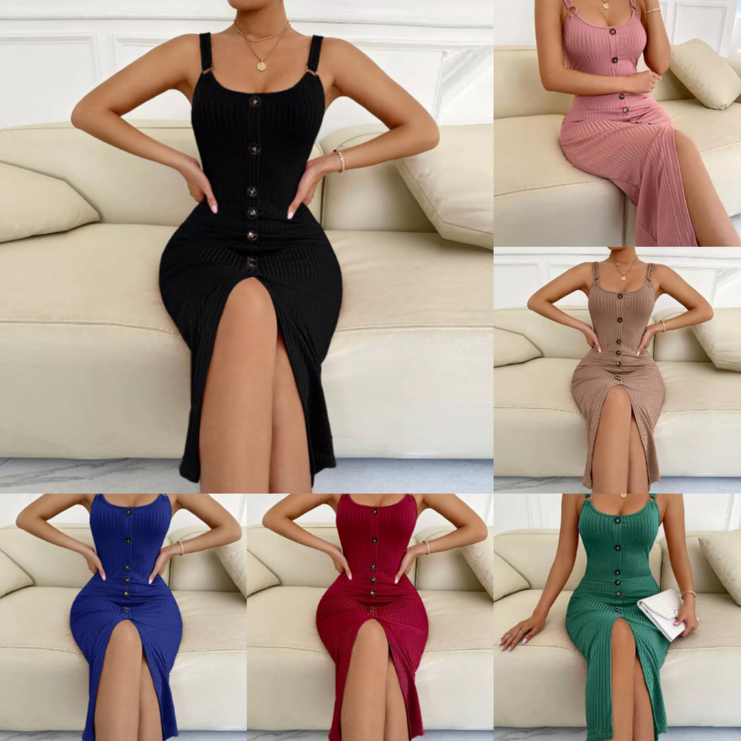 Damen knielanges figurbetontes Kleid mit Knopfleiste und Spaltung Drune