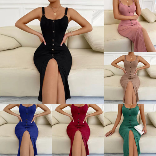 Damen knielanges figurbetontes Kleid mit Knopfleiste und Spaltung Drune