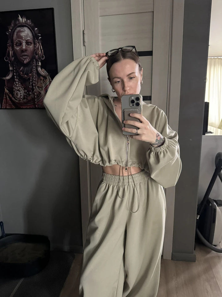 Damen nan kurzes Reißverschluss-Cropped-Hoodie und weitgeschnittene Highwaist-Loungehose Set Drune