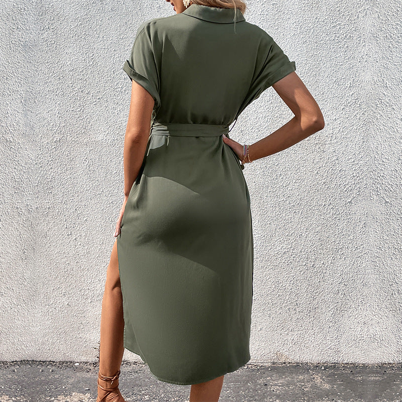 Damen Hemdblusenkleid mit taillierbarem Bindegürtel und Knopfdetails Drune