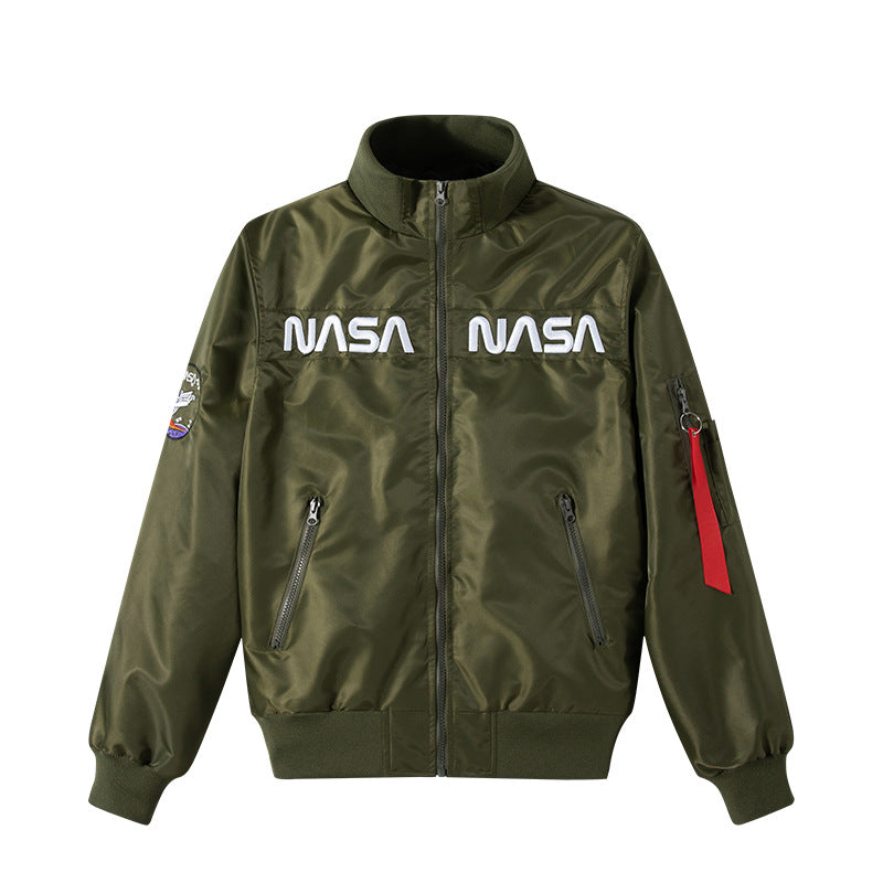 Herren o-Glanz-Technik-Bomber mit gestickten NASA-Brustpaneelen und Ärmeltasche Drune