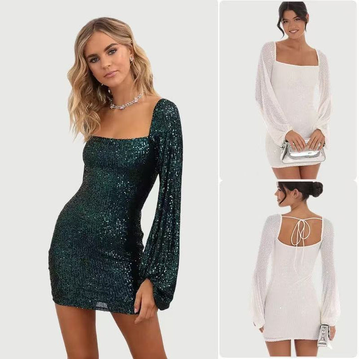 Damen Glamouröses Minikleid mit eleganten Puffärmeln und schimmernden Pailletten Drune