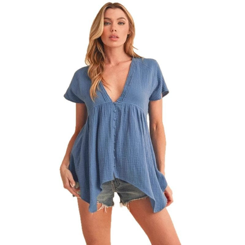 Damen lässige Hemdbluse mit V-Ausschnitt und asymmetrischem Saum Drune