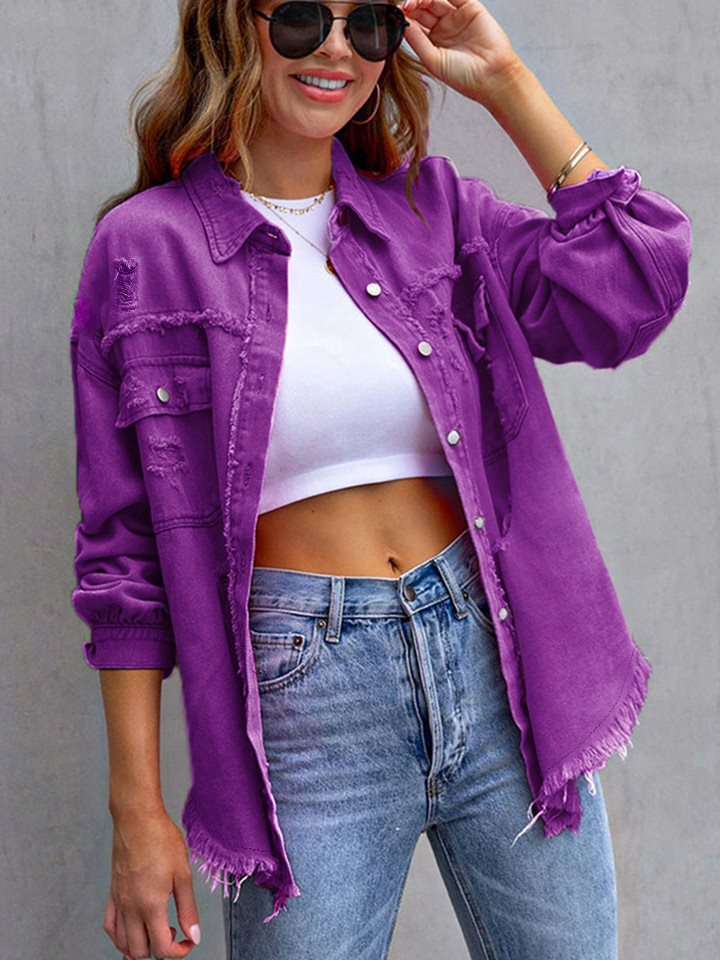 Damen oversized Jeansjacke mit fransigen Säumen und aufgesetzten Taschen Drune
