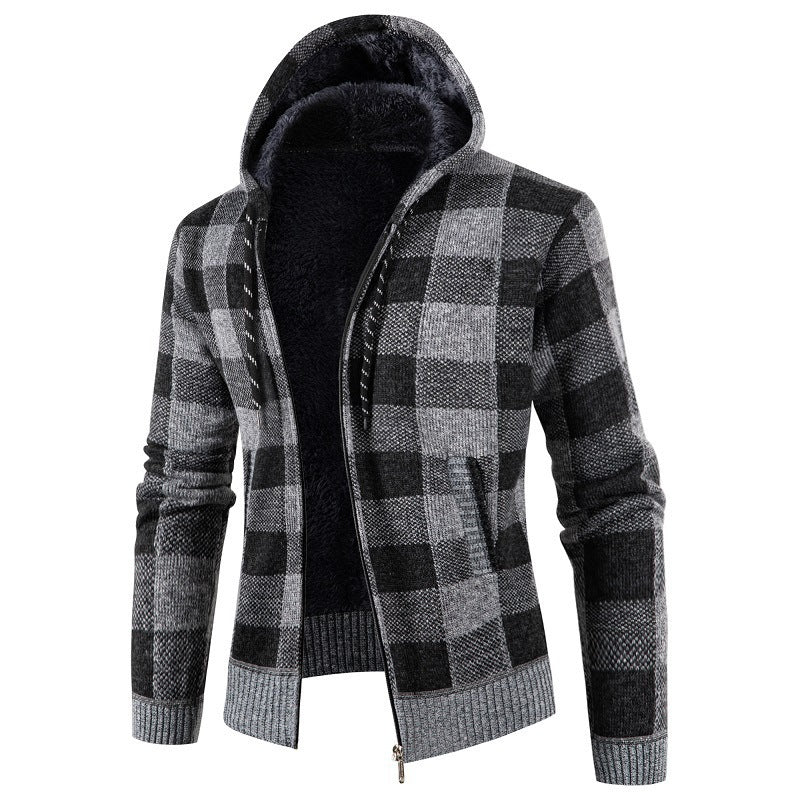 Herren Fleece-Kapuzenjacke mit Karomuster und weichem Innenfutter Drune