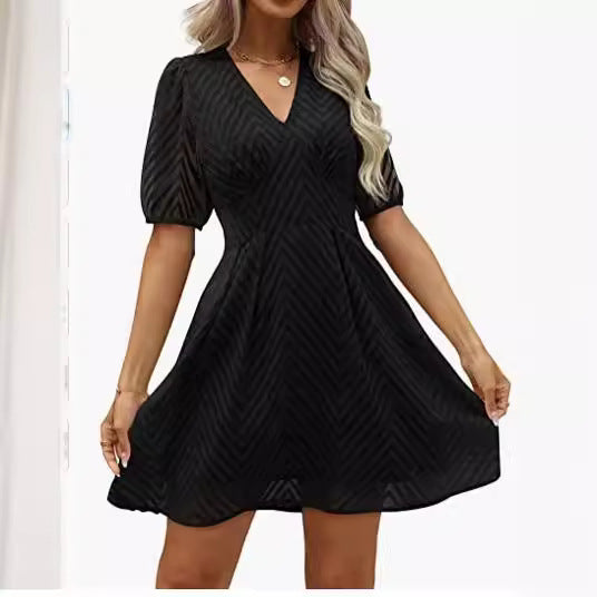 Damen Kleid mit gepufften ¾-Ärmeln und V-Ausschnitt Drune