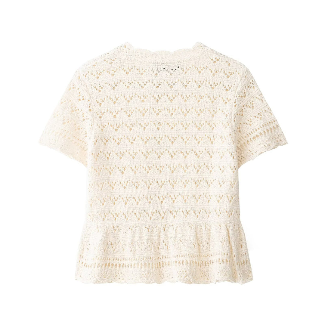 Damen feine Kurzarm-Bluse mit romantischem Spitzenmuster Drune