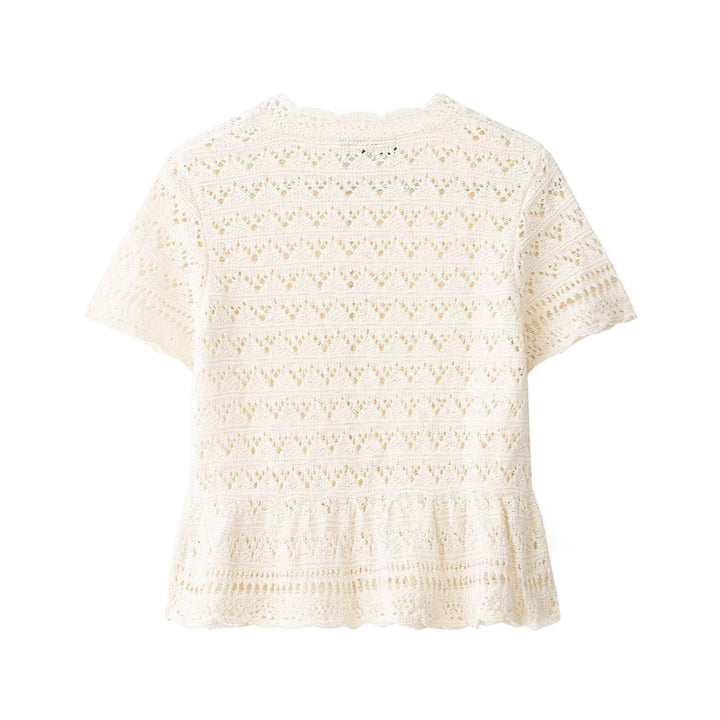 Damen feine Kurzarm-Bluse mit romantischem Spitzenmuster Drune