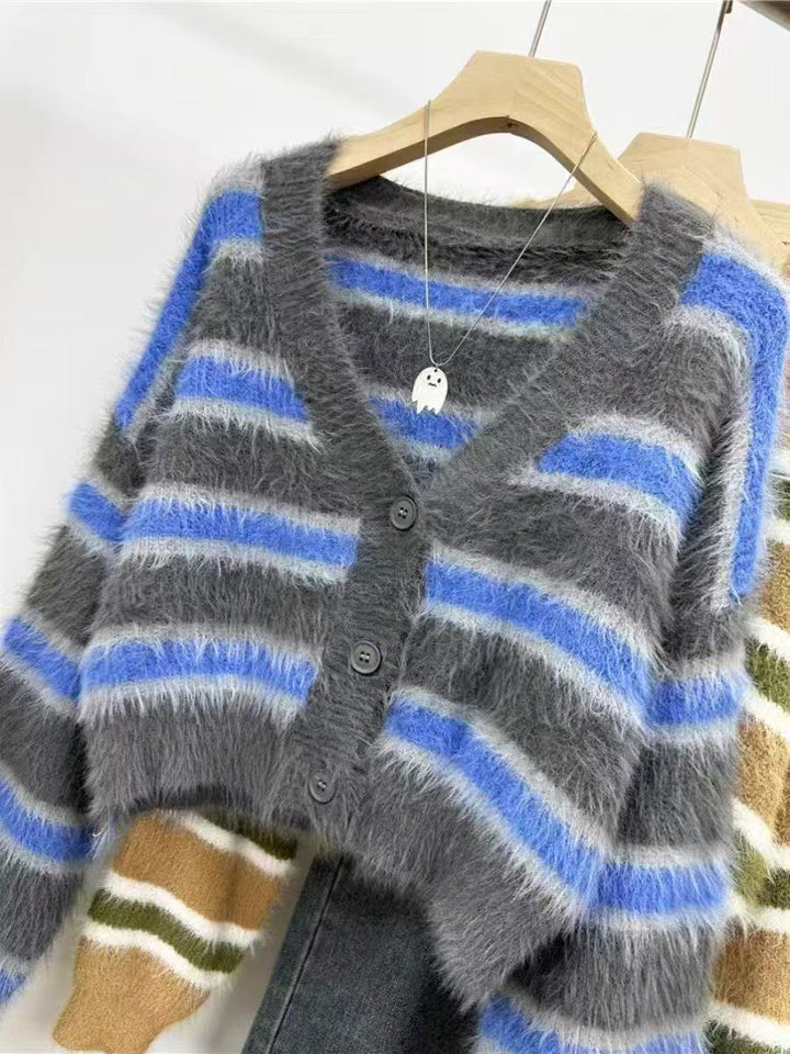 Damen lässiger Crop-Cardigan mit strukturiertem Streifenmuster und Knopfdetails Drune