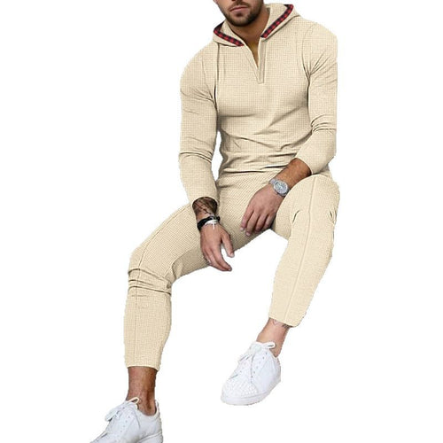 Herren nan Slim-Fit Waffel-Strick Kapuzen-Set mit Halbzip, kontrastgefütterter Kapuze und tapered Jogginghose Drune