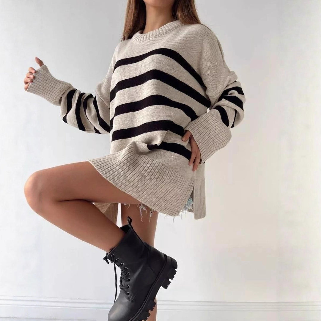 Damen Oversized Strickpullover mit modernem Streifenmuster und hohem Kragen Drune